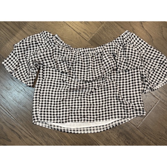 Lucca Off Shoulder Top Gingham Ruffle Flounce‎ Short Sleeve Blouse Medium - Picture 6 of 6